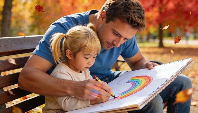 Dad teaching daughter drawing rainbow on park bench during autumn leaves, bonding moment
