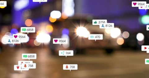 Social Media Engagement Icons over City Traffic - Download Free Stock Images Pikwizard.com