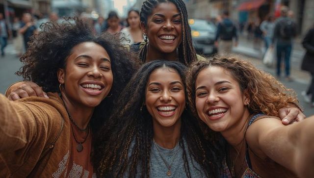 Laughing black and multiracial friends taking selfie on bustling city street, candid