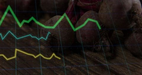 Merging farm produce and analytics: beetroots on rustic woodboard with neon line graphs