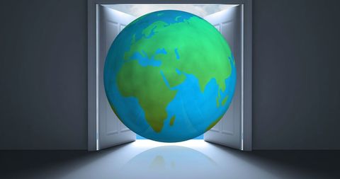Globe Emerging from Open Doorway Symbolizing Global Connection