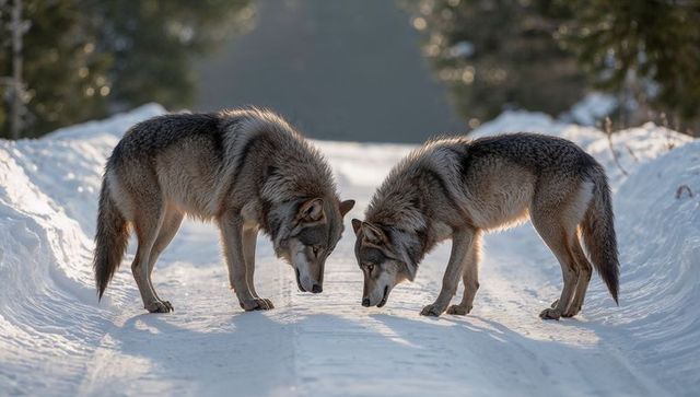 Pair of Gray Wolves Sniffing Snowy Trail with Paw Prints and Conifer Backdrop at Sunrise