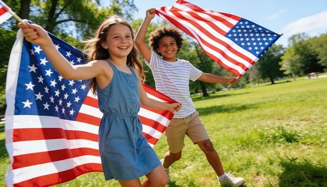 Waving american flags running through park smiling diverse children celebrating summer