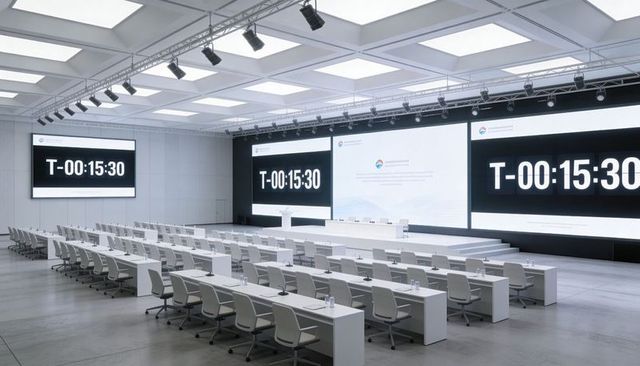 Minimalist conference auditorium featuring countdown screens, podium and rows of desks