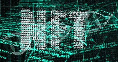 Futuristic DNA Helix and NFT in Digital Cyberspace