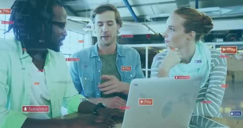 Team Collaborating in Modern Office with Digital Engagement Icons