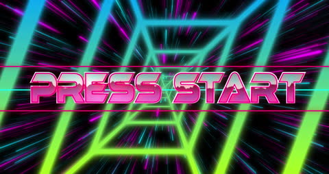 Retro Press Start Graphic with Neon Lines and Motion Effect