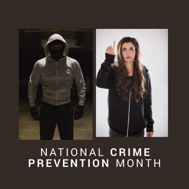 Collage of female thief and male burglar wearing hood, balaclava and national crime prevention month. Text, composite, criminal, copy space, protection, support, awareness and alertness concept.