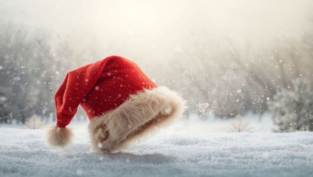 Resting red Santa hat on snowy clearing with falling snowflakes and soft festive bokeh
