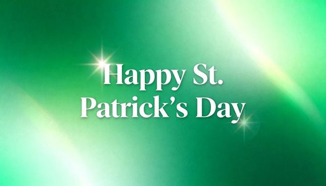 Happy st. Patrick's day green gradient greeting card with white text, sparkles, glow