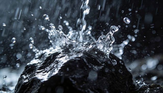 Water crown splashing on dark wet rock capturing high-speed droplets and reflections