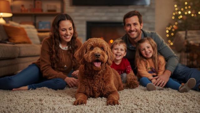 Cozy family moment with curly brown doodle on shag rug by glowing fireplace