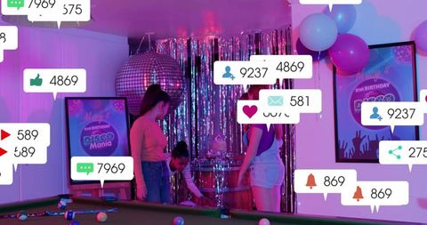 Women playing pool at neon disco party with social media notifications and balloons