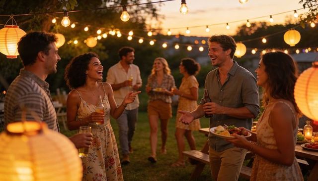 Friends enjoying backyard summer party at sunset with string lights and paper lanterns