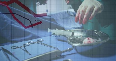 Surgical tray on blue drape with gloved hand reaching syringe under red downtrend graph overlay