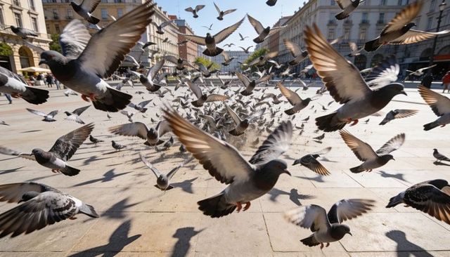 Taking flight flock of pigeons filling historic urban plaza lifting dust over stone slabs