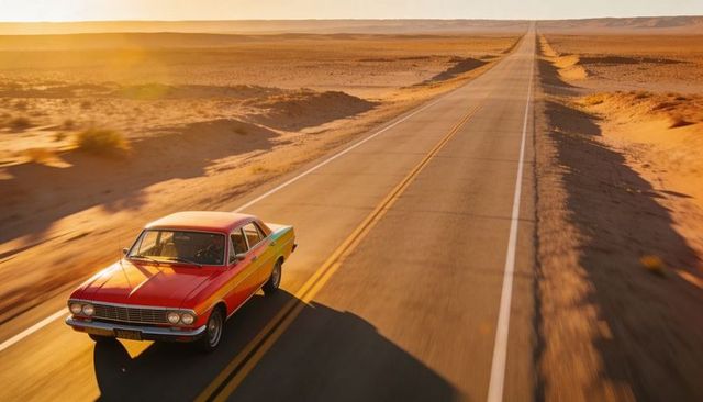 Sunset cruising vintage red-orange sedan on endless desert highway with double yellow line