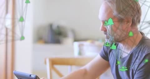 Man Engaging with Digital Network in Modern Workspace Setting