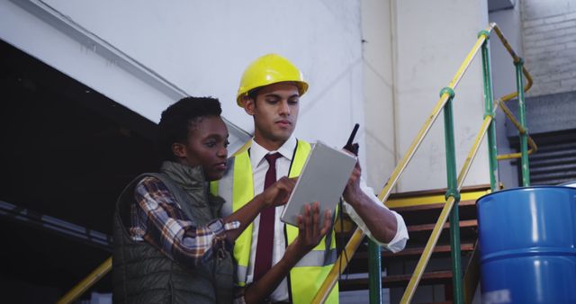 Diverse warehouse worker and manager standing on stairs and discussing using tablet in warehouse. Business, work, shipping, storage, technology, communication and industry, unaltered.