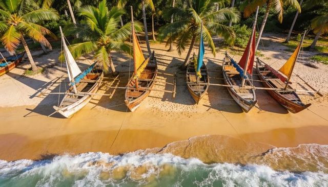 Seven colorful outrigger boats resting on tropical palm beach, sails billowing over surf