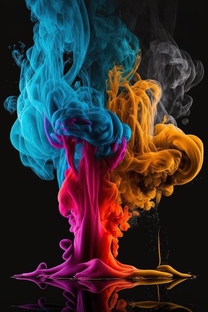 Bright and colorful ink swirls creating an abstract and artistic effect. Excellent for use in creative projects, artistic backgrounds, posters, graphic design, and digital art.