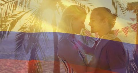 Romantic Beach Lovers Embracing at Sunset with Tropical Backdrop