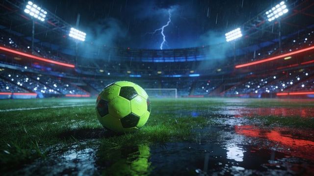 Neon green soccer ball on rain-slick pitch under lightning in floodlit stadium night action