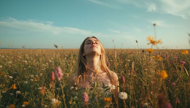 Woman Enjoying Serenity in Meadow of Wildflowers