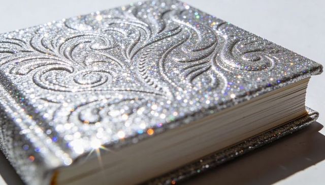 Sparkling silver embossed journal catching sunlight with glitter swirl texture