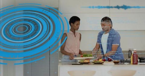 Couple Cooking Together in Modern Kitchen with Futuristic HUD Overlay and Data Graphics