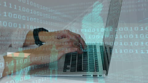 Hands Typing on Laptop with Digital Binary Overlay Concept