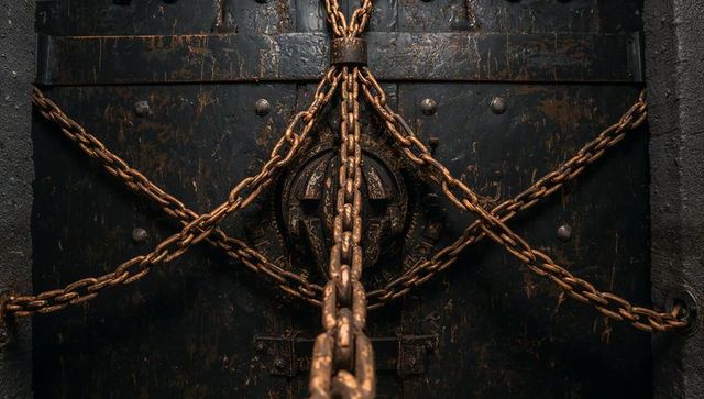 Rusted chains crossing heavy iron vault lock plate, central chain leading inward, textured