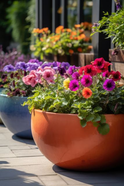 Colourful petunias in ceramic planters in sunny garden, created using generative ai technology. Flowers, plants, growth, spring, nature and gardening concept digitally generated image.