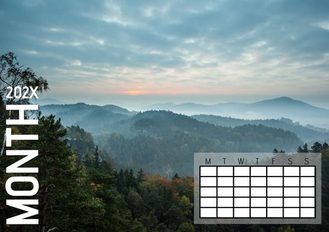 scenic sunrise over misty forest with blank calendar template - Download Free Stock Templates Pikwizard.com