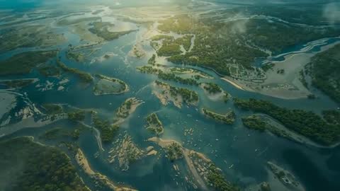 Aerial View of Serene River Delta with Boats and Islets