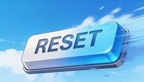 Floating reset button racing through bright blue sky with motion blur