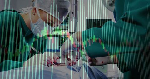 Surgeons performing surgery with stock market graph overlay