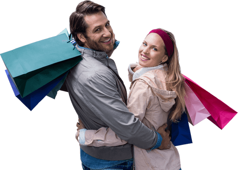Happy couple embracing with shopping bags using transparent background