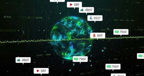 Rotating network globe with social media icons in cyberspace