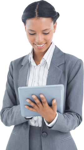 Transparent Professional Woman Using Tablet in Office Setting