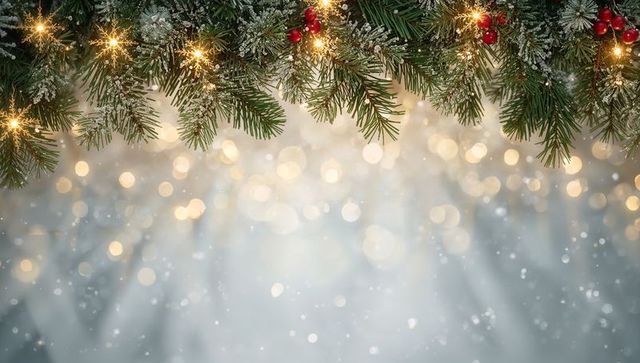 Frosted evergreen garland draping top frame with warm golden lights and red berries