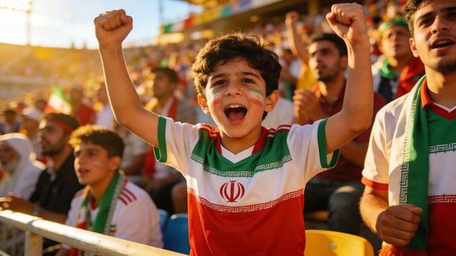 Young iranian fan cheering with painted face and raised fists wearing national football jersey