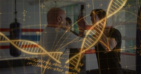 Martial arts training with technological dna overlay symbolizing fitness and innovation