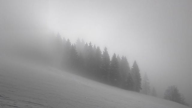 Fog-shrouding pine ridge rising above snowy meadow, lone bare tree, winter mist landscape