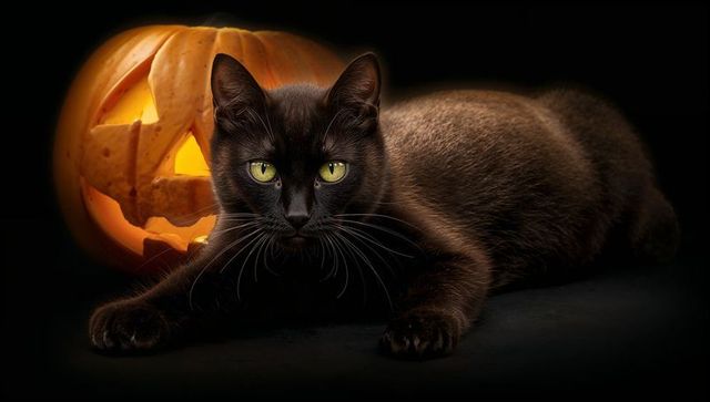 Black cat resting with glowing spooky pumpkin for halloween