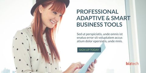 smiling woman using tablet for business solutions ad - Download Free Stock Templates Pikwizard.com