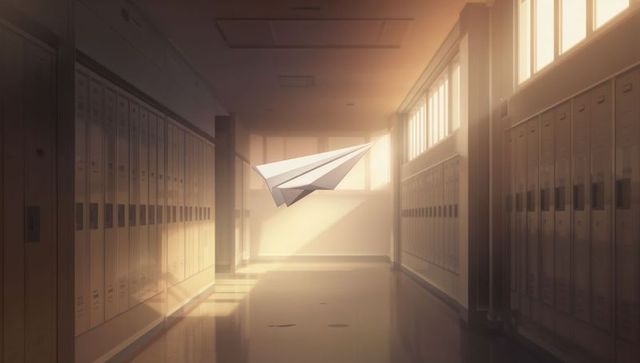 Paper Airplane Gliding Through Sunlit School Corridor During Golden Hour