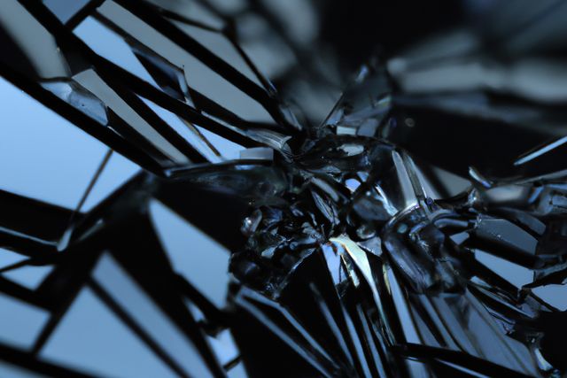 Close-up of shattered glass featuring angular and jagged edges against blue background. Useful for backgrounds, design projects, and art pieces requiring an abstract and dramatic element symbolizing breakage, fragility, or destruction.
