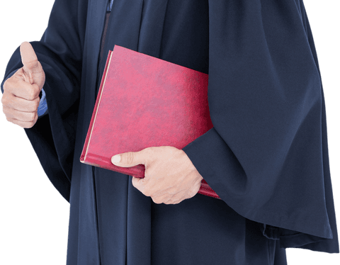 Transparent professional holding red book with thumbs up gesture