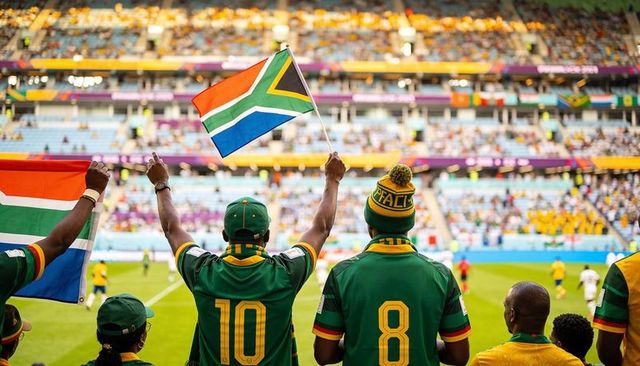 South african fans waving flag at soccer stadium wearing green jerseys 10 and 8